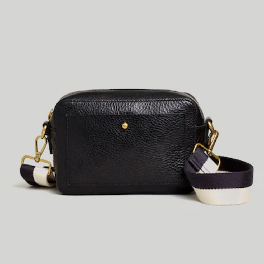 Madewell Black Leather Crossbody Camera Bag with Striped Strap